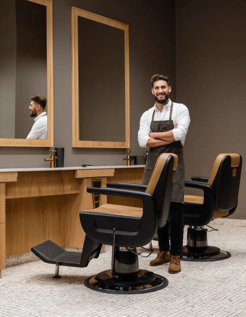 A Bartwerk barber in the shop apron standing beside the chairs